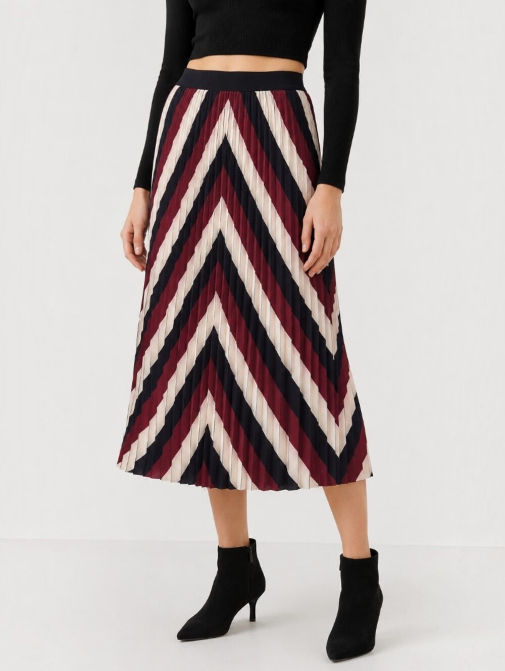 Ba&sh Hendy Pleated Chevron Striped Midi Skirt Burgundy Beige Black Women's 4